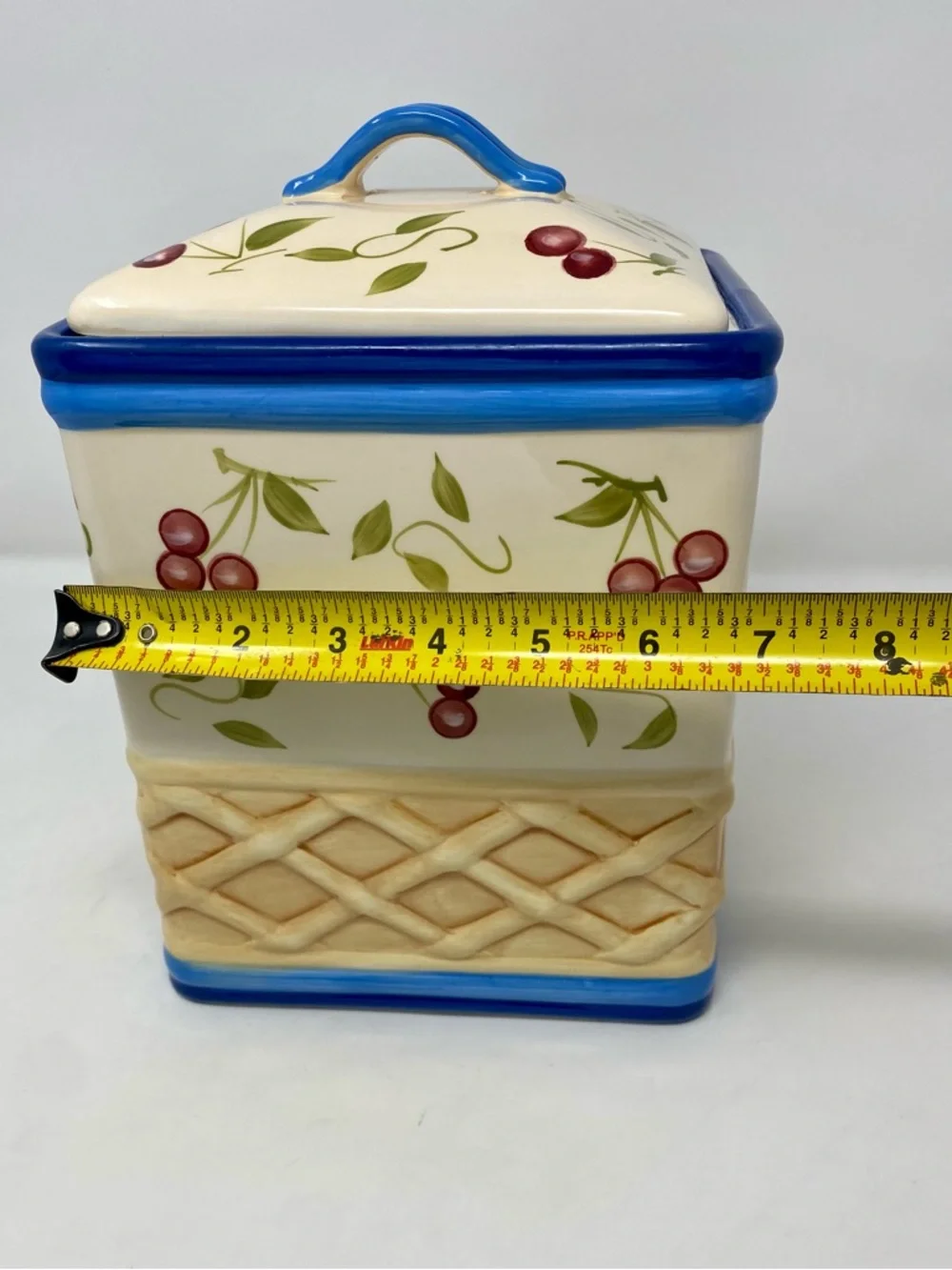 Ceramic Cherry Canister with Blue Trim